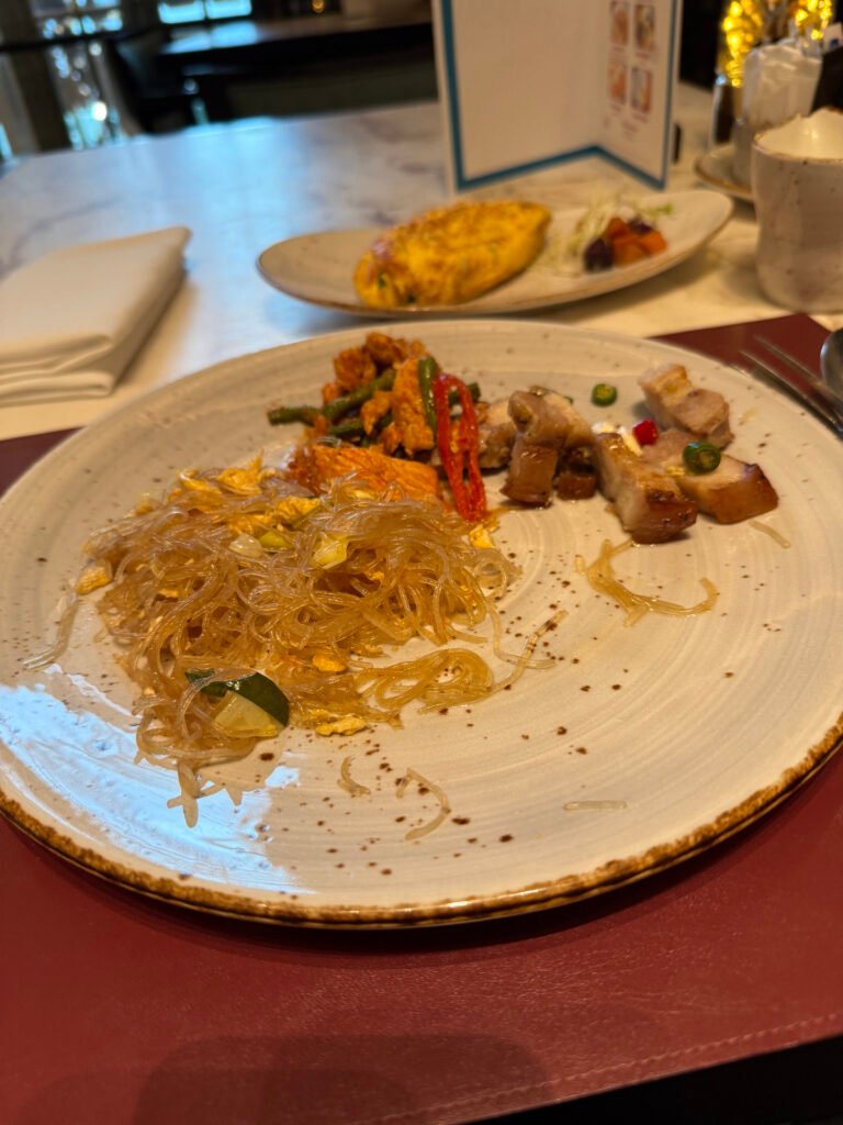 Sofitel Bangkok Breakfast Plate with Glass Noodles and Crispy Pork